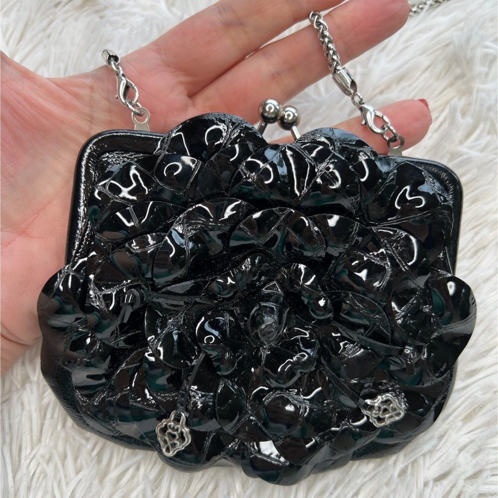 Brighton Rosalie Coin Purse Mini Crossbody Black Floral Flower Patent‎ Leather